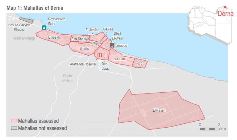 REACH assessed the humanitarian situation in 11 of the 12 mahallas of Derna city. According to OCHA, roughly 600-1,300 households had been displaced from outlying mahallas into central Derna city.