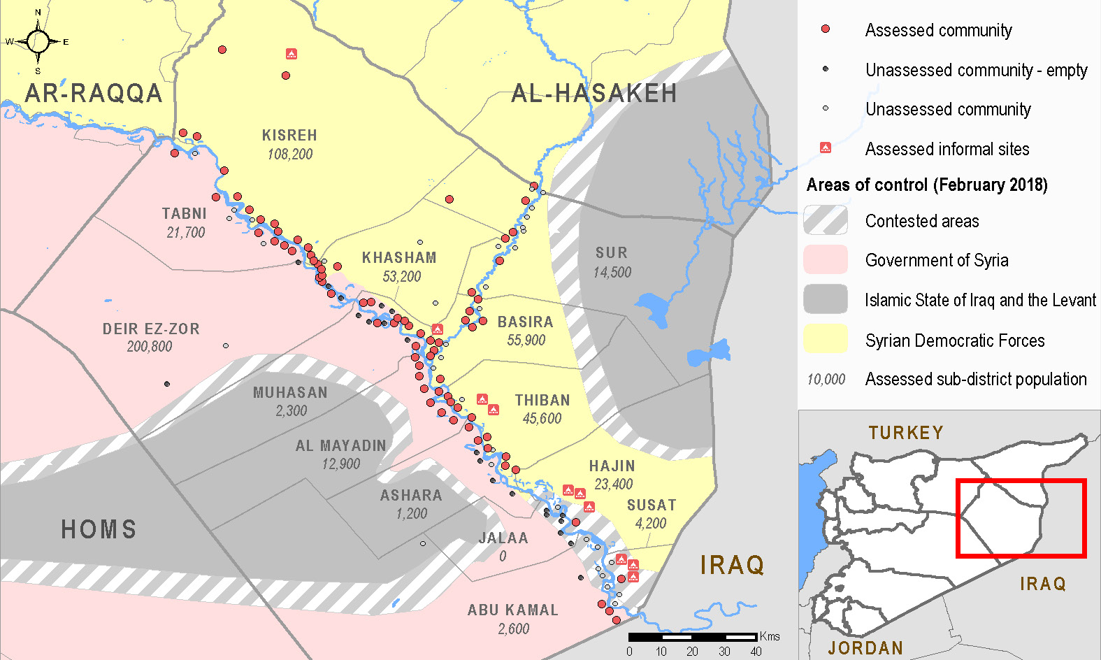 Locations of Assessed Communities and Informal Sites (areas of control based on http://syria.liveuamap.com/ as of 8 February 2018). ©REACH/2018