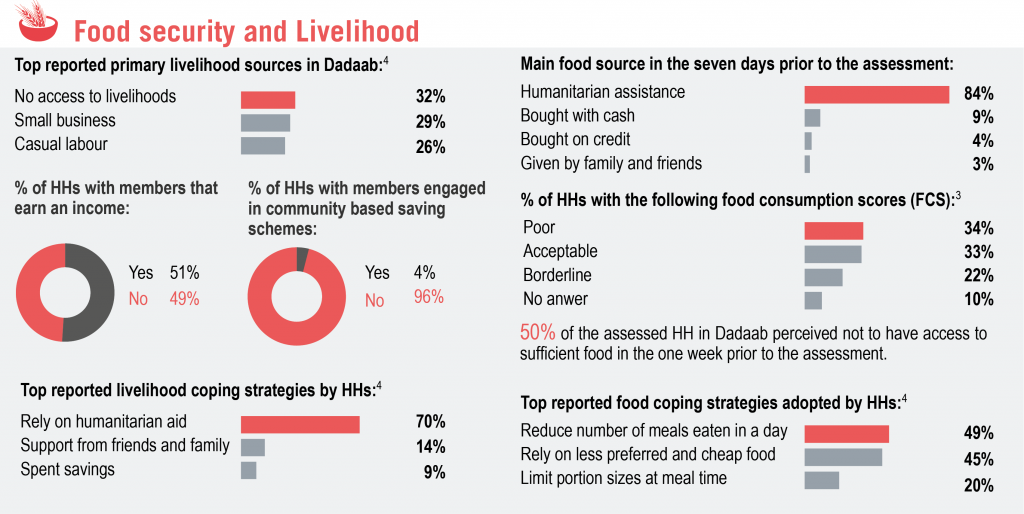 Needs assessment conducted in Dadaab revealed that half of the respondents lacked sufficient access to food and experienced constraints in making a living. 