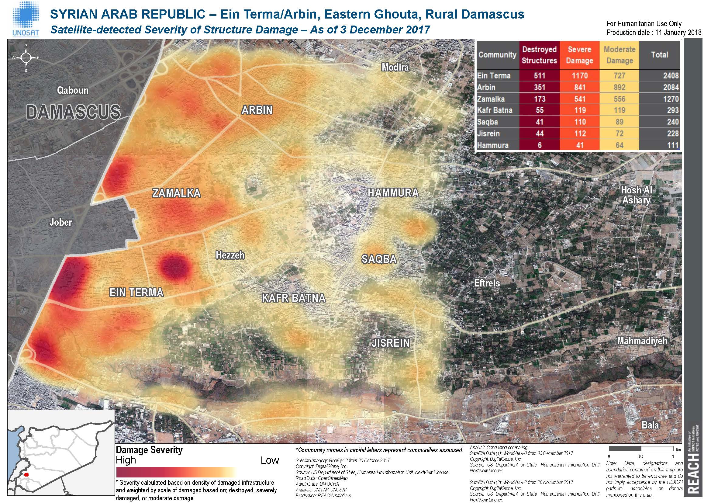 Analysis of damaged structures as of 3 December 2017 in the Ein Terma/Arbin area of Eastern Ghouta. ©REACH/2017
