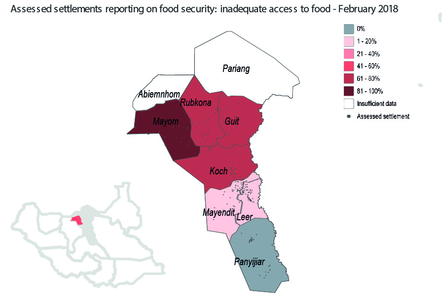 A graphic showing the proportion of assessed settlements reporting inadequate access to food in Unity State, South Sudan. ©REACH/2018