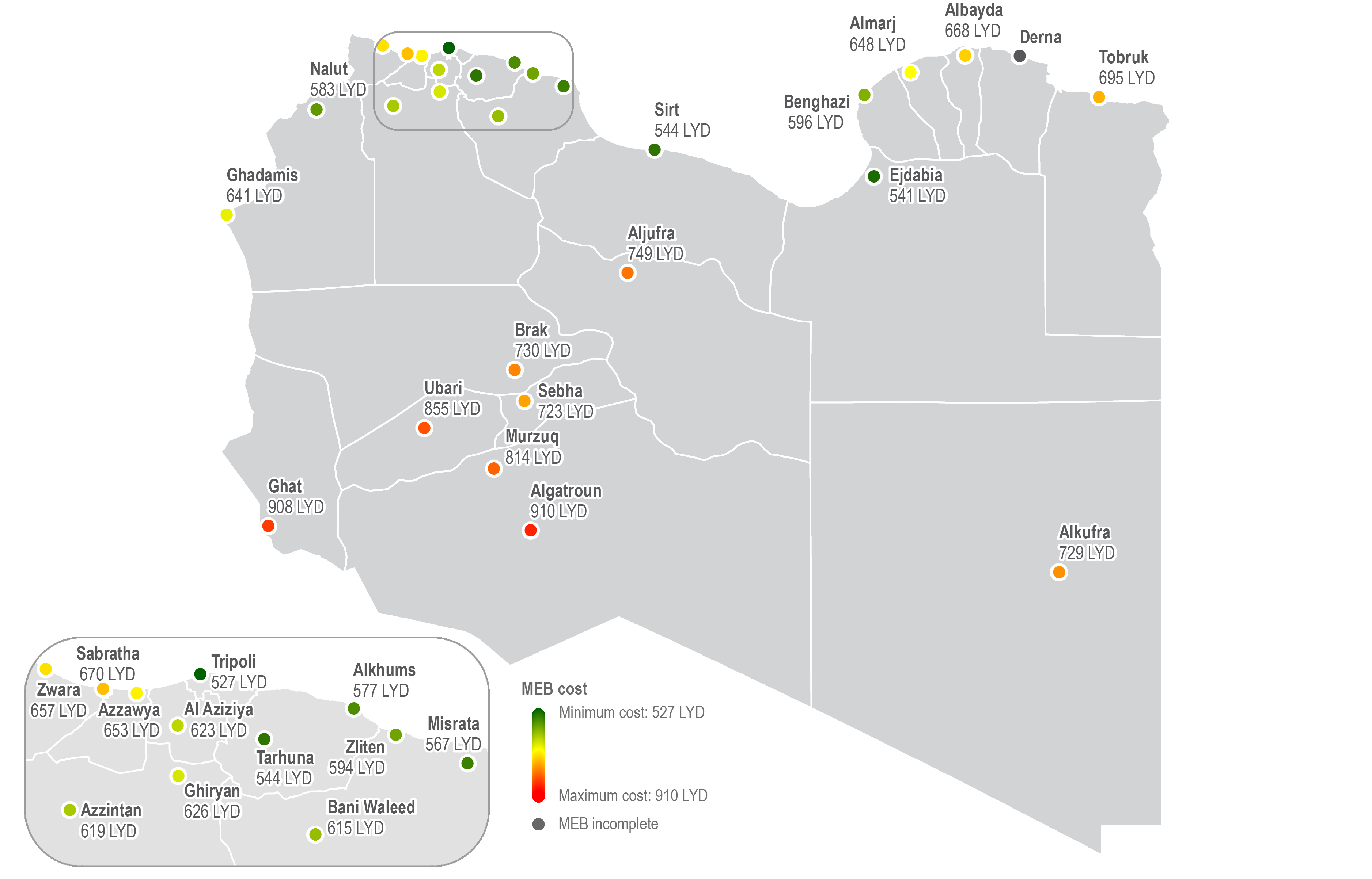 Map of Libyan minimum expenditure basket cost by assessed market. © REACH/2018