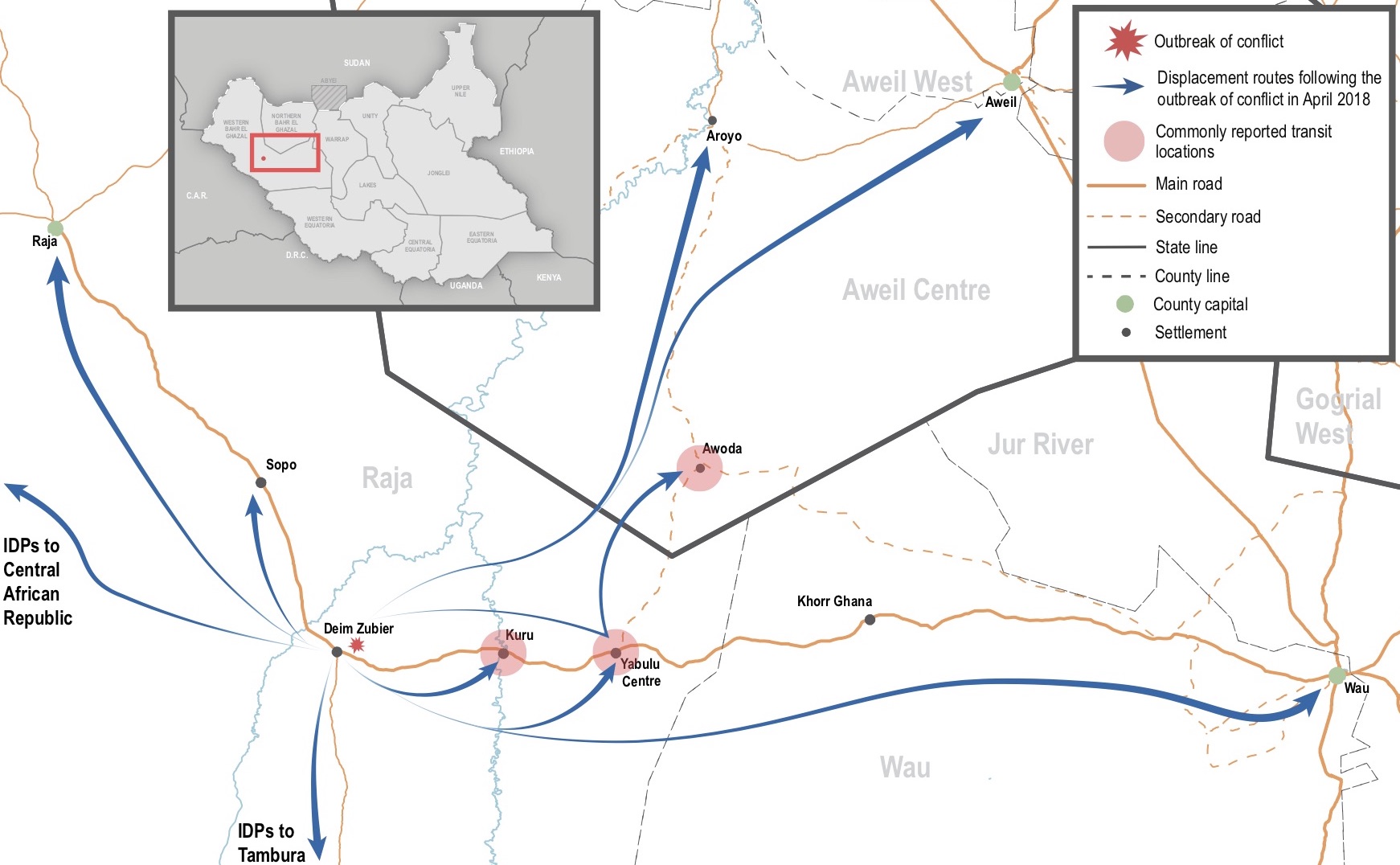 Displacement routes and destinations of IDPs fleeing conflict in Deim Zubier, Raja County, South Sudan. ©REACH/2018