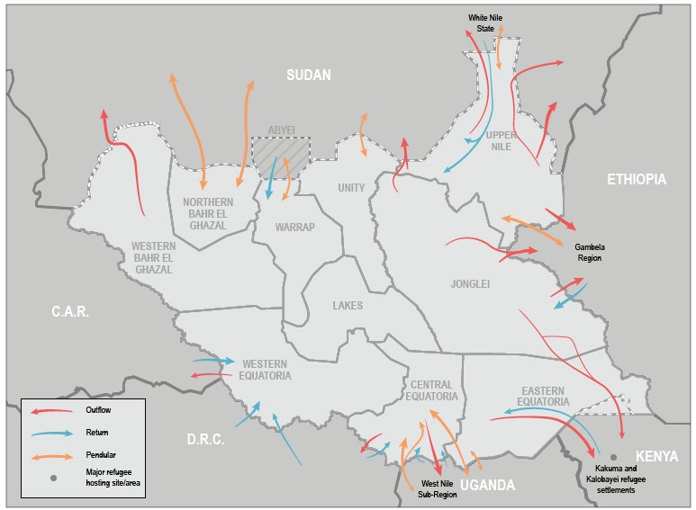 Based on REACH data from, the majority of those leaving South Sudan are women and children heading to refugee camps in in the Gambella region of Ethiopia, northern Uganda, White Nile state in Sudan and the Kakuma refugee camp in Kenya. ©REACH/2018