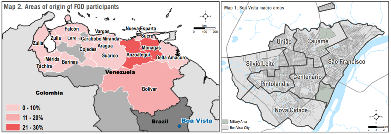 Area of origin of Venezuelan migrants and asylum seekers in Boa Vista and map of the assessed areas of Boa Vista.